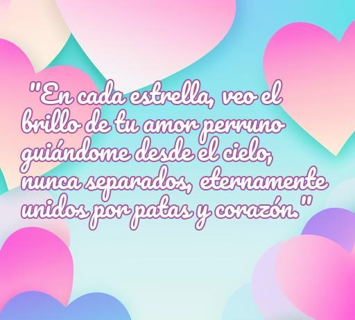 Frase de amor sobre mascotas que han partido, destacando la conexión eterna entre dueños y perros en el cielo. Mensaje de amor perruno que resalta la unión espiritual, ideal para quienes buscan consuelo tras la pérdida de su mascota.