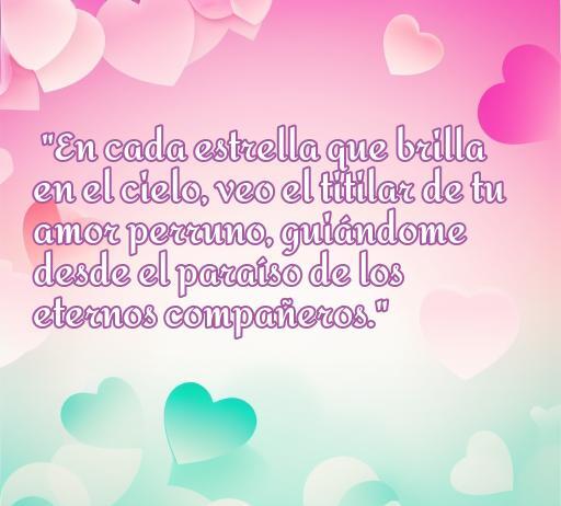 Frase conmovedora sobre el amor hacia los perros que han fallecido, con un fondo colorido y corazones decorativos. Mensaje de amor eterno y conexión espiritual con los compañeros caninos, ideal para recordar a los perros que se han ido al cielo.