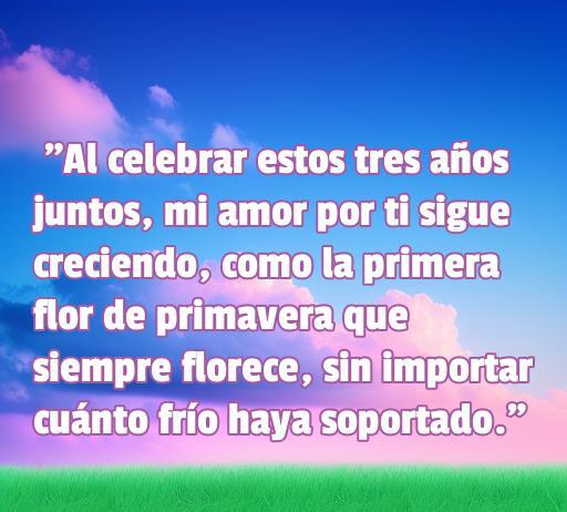 Frase inspiradora sobre el amor en el tercer aniversario, enfatizando el crecimiento del amor y la belleza de una relación duradera. Ideal para celebrar tres años juntos, con un toque poético que evoca la llegada de la primavera.