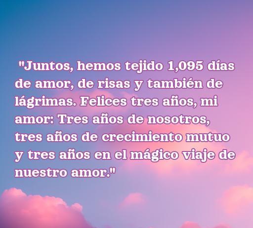 Frase romántica celebrando tres años de amor, destacando momentos compartidos y el crecimiento mutuo de la relación. Ideal para parejas que buscan inspiración para su aniversario.