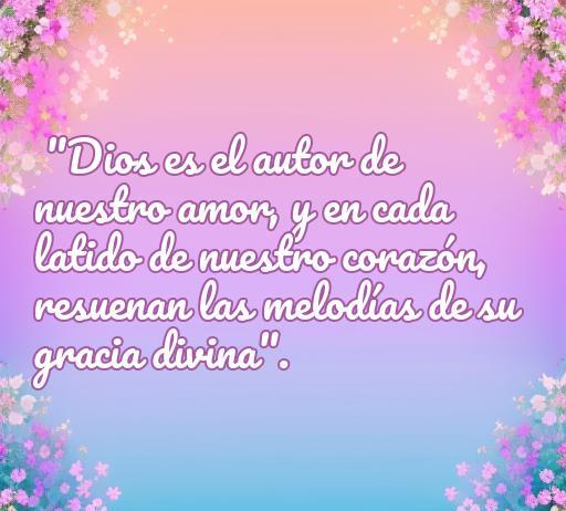 Frase de amor religiosa que dice 'Dios es el autor de nuestro amor, y en cada latido de nuestro corazón, resuenan las melodías de su gracia divina', con un fondo colorido y flores, ideal para inspirar y compartir mensajes de amor religioso.