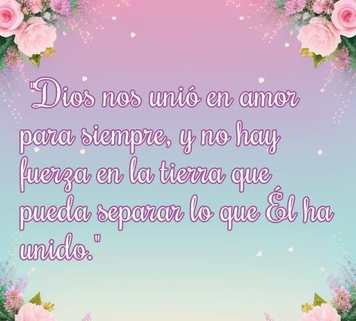 Frase inspiradora sobre el amor eterno basada en creencias religiosas: 'Dios nos unió en amor para siempre, y no hay fuerza en la tierra que pueda separar lo que Él ha unido.' - Mensaje que refleja el poder del amor divino.