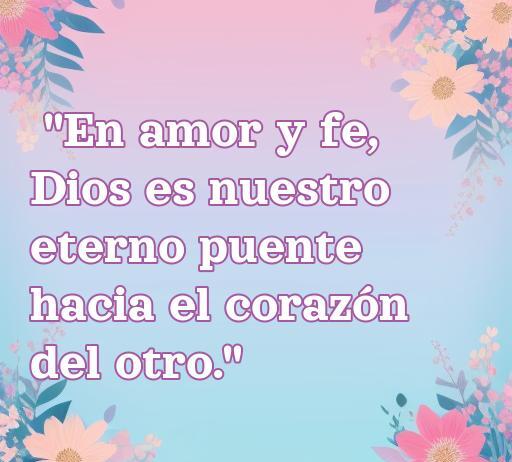 Linda frase de amor religiosa sobre la fe y el amor, que dice: 'En amor y fe, Dios es nuestro eterno puente hacia el corazón del otro.' Perfecta para inspirar reflexiones sobre el amor espiritual.
