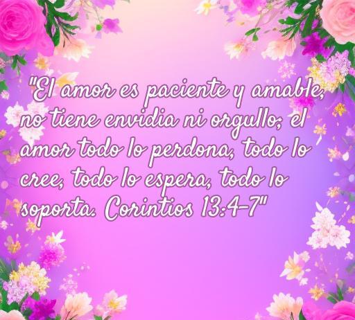 Frase inspiradora de amor basada en Corintios 13:4-7, destacando la naturaleza paciente y amable del amor, ideal para reflexionar sobre el amor religioso y espiritual.