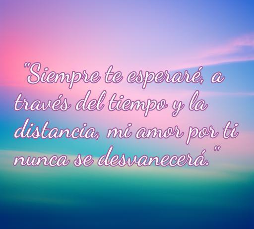 Frase de amor inspiradora que dice 'Siempre te esperaré, a través del tiempo y la distancia, mi amor por ti nunca se desvanecerá.' Ideal para compartir y reflexionar sobre el amor eterno.
