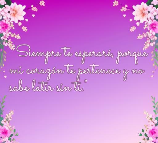 Frase romántica que expresa amor incondicional, con el texto 'Siempre te esperaré, porque mi corazón te pertenece y no sabe latir sin ti.' Ideal para temas de amor y relaciones.