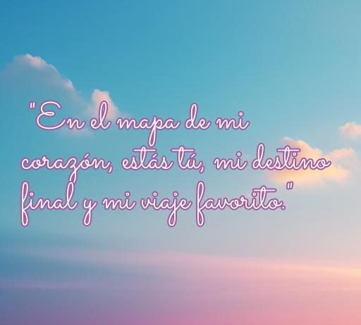 Frase inspiradora de amor que dice: 'En el mapa de mi corazón, estás tú, mi destino final y mi viaje favorito.' Ideal para expresar sentimientos profundos y románticos, perfecta para quienes buscan frases de amor sin banderas.