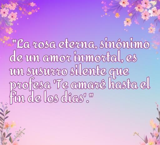 Frase inspiradora sobre la rosa eterna que simboliza un amor eterno, destacando el mensaje 'Te amaré hasta el fin de los días'. Ideal para reflexionar sobre la inmortalidad del amor.