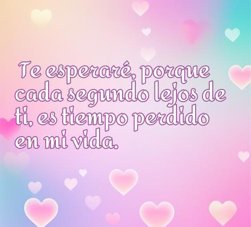 Frase romántica que dice 'Te esperaré, porque cada segundo lejos de ti, es tiempo perdido en mi vida'. Ideal para inspirar amor y paciencia en relaciones. Frases de amor para expresar sentimientos.