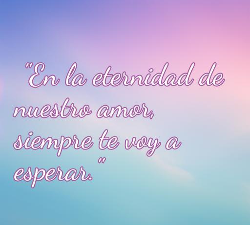 Frase sobre el amor eterno que dice: 'En la eternidad de nuestro amor, siempre te voy a esperar.' Ideal para transmitir sentimientos románticos y esperanzas en el amor.