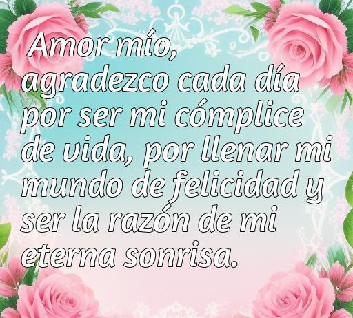 Frase inspiradora sobre amor y agradecimiento a mi esposo, resaltando la importancia de la complicidad en la vida en pareja y la felicidad que aporta. Ideal para reflexiones sobre amor y gratitud.