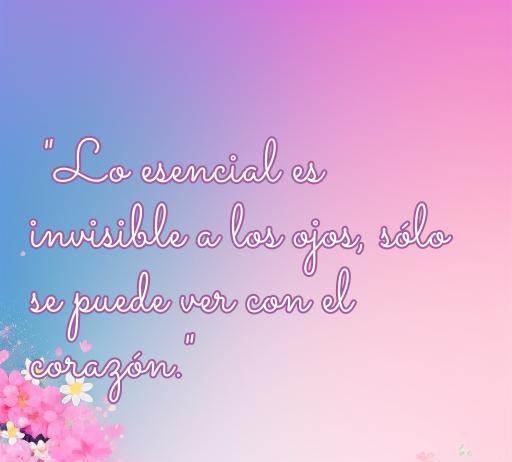 Frase inspiradora del Principito que habla sobre el amor y la amistad, destacando que lo esencial es invisible a los ojos y solo se puede ver con el corazón.