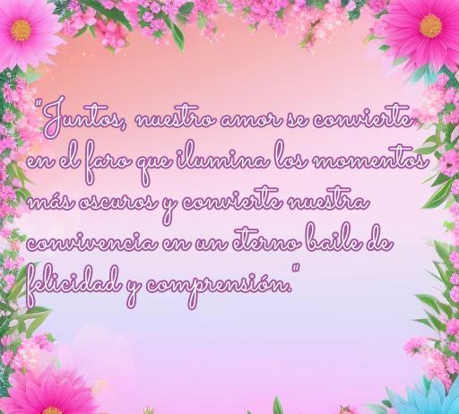 Frase inspiradora sobre el amor y la convivencia que dice: 'Juntos, nuestro amor se convierte en el faro que ilumina los momentos más oscuros y convierte nuestra convivencia en un eterno baile de felicidad y comprensión.' Ideal para reflexionar sobre el amor y la convivencia en pareja.
