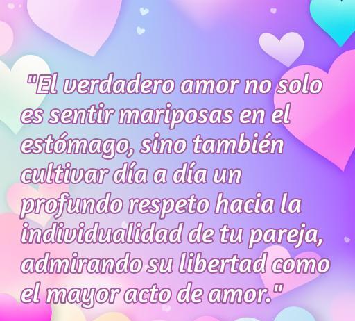 Frase inspiradora sobre el amor y el respeto en la pareja que dice: 'El verdadero amor no solo es sentir mariposas en el estómago, sino también cultivar día a día un profundo respeto hacia la individualidad de tu pareja, admirando su libertad como el mayor acto de amor.'